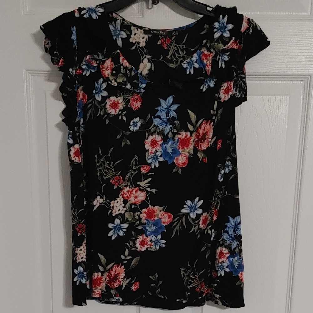 Black Floral Sleeveless Blouse by Doe & Rae Sz Small EUC Business or Casual